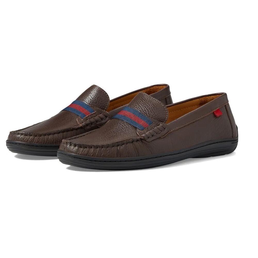 Marc Joseph Brown Leather Loafers with Red and Blue Stripe